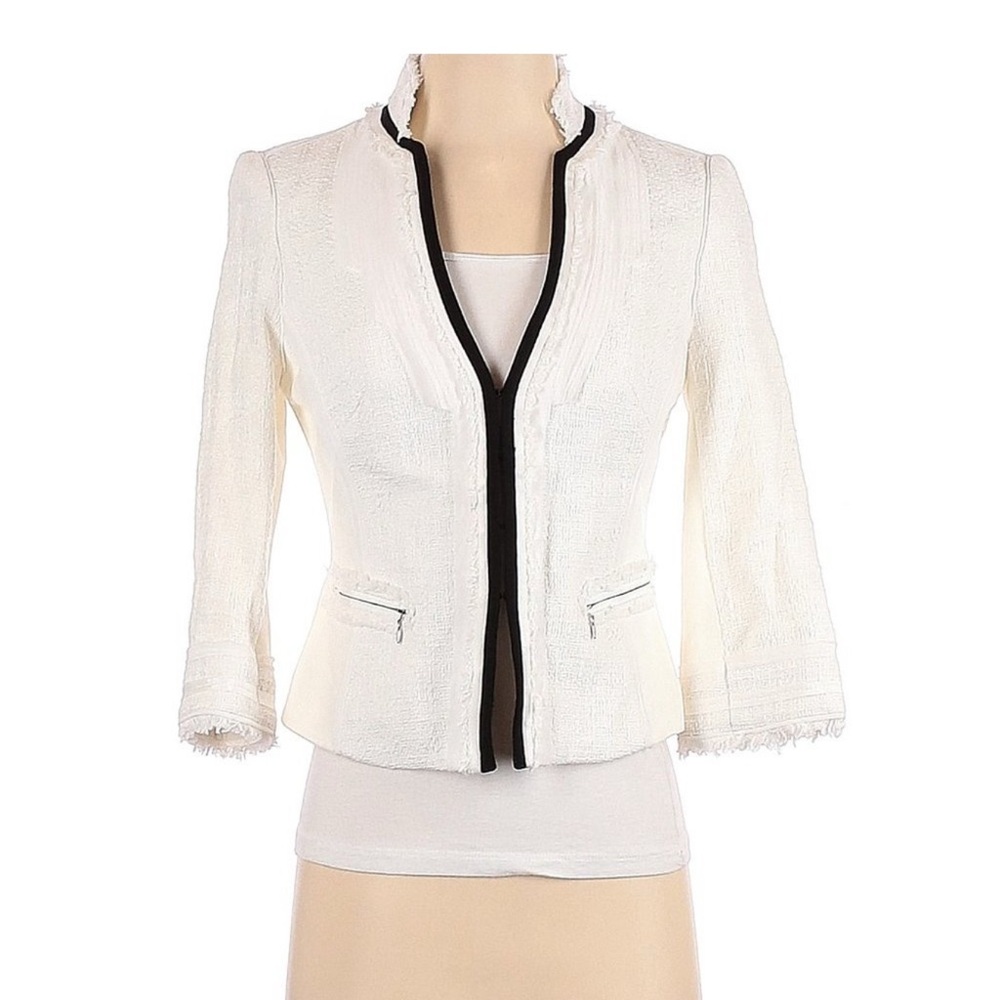 WHBM Tweed Fringe Cropped Jacket Blazer White with Black Piping Women’s Size 8